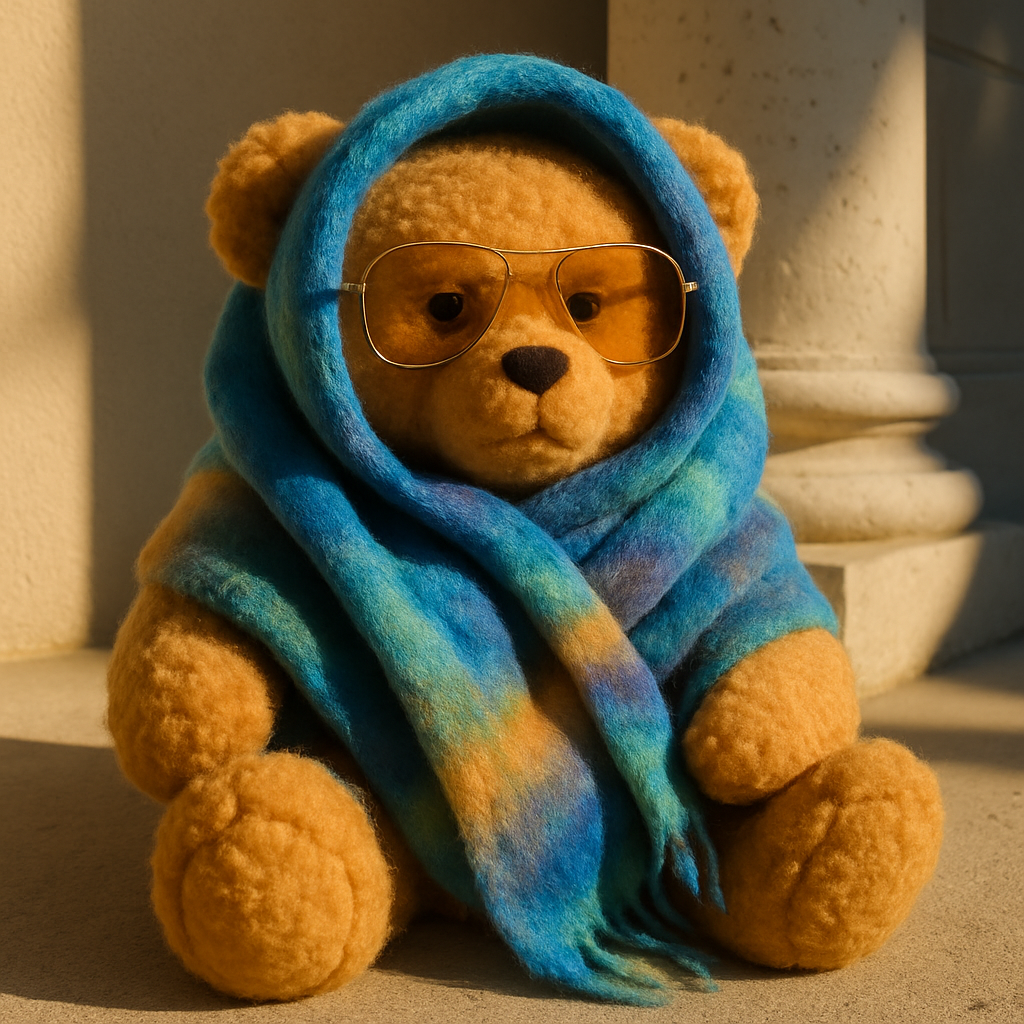 Teddy bear wrapped in a blue hooded shawl with yellow glasses