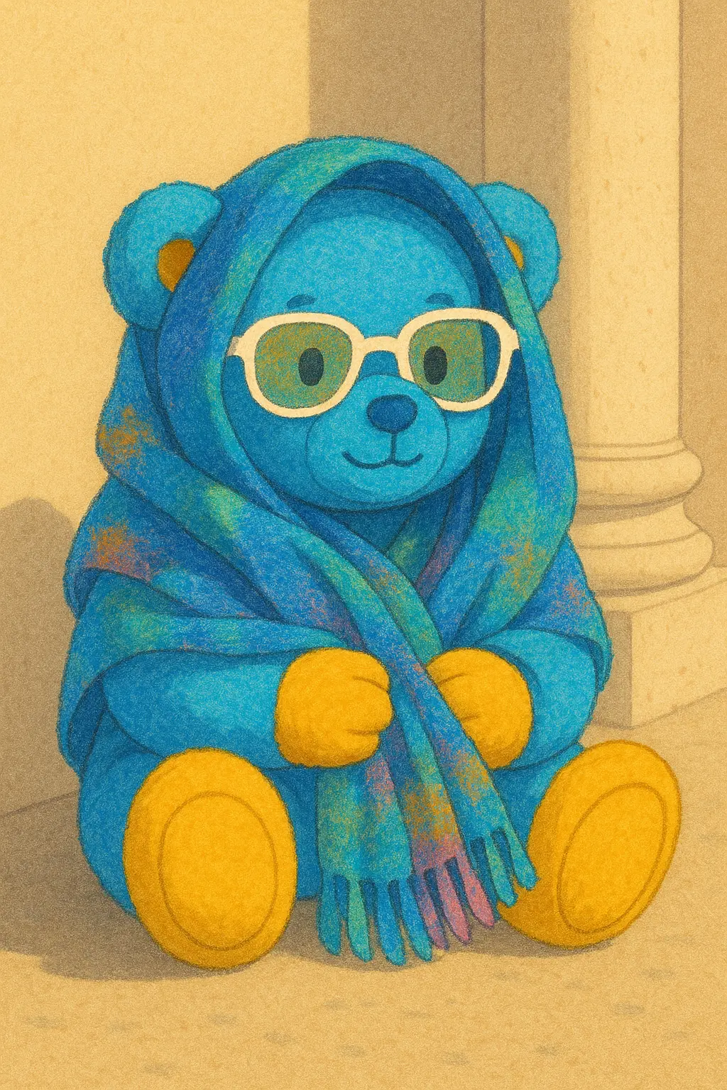 Poster of the blue teddy bear in its hooded shawl and glasses
